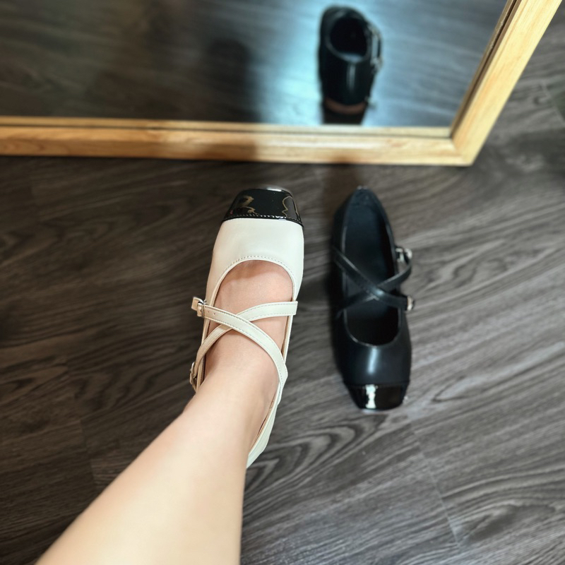 Giày búp bê pha mõm đen trắng da lì mềm A24