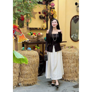 💚 SET ÁO ĐEN TRỄ VAI LẬT XẺ TÀ TRƯỚC + CHÂN VÁY MIDI TRẮNG VẠT ĐẮP 💚