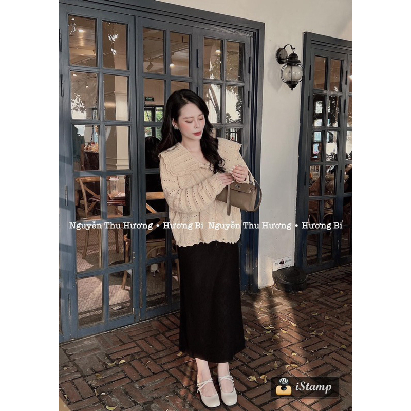 Áo khoác len khuy cúc bọc màu kem nâu hàng Qc