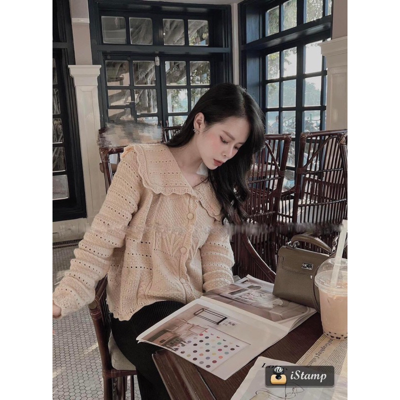 Áo khoác len khuy cúc bọc màu kem nâu hàng Qc