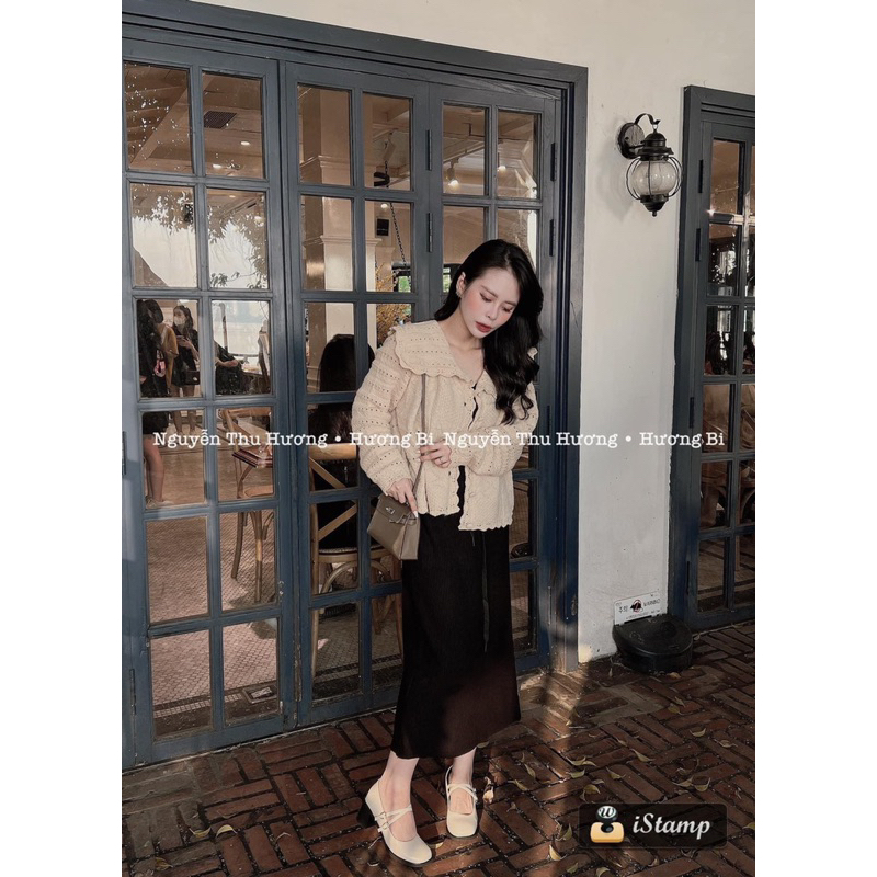 Áo khoác len khuy cúc bọc màu kem nâu hàng Qc