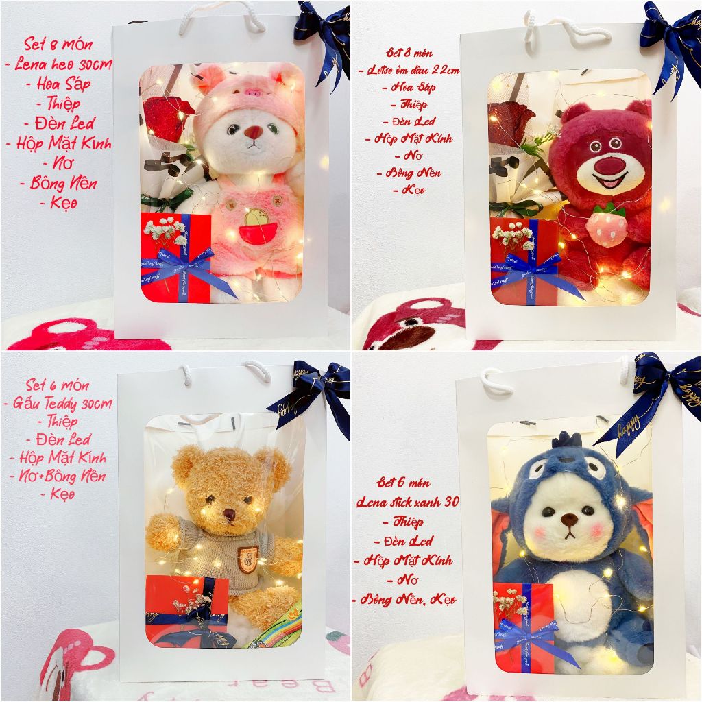 Set 8 món, Hộp Quà To 35x25x10cm, Hoa, Gấu Bông, Thiệp Qùa Tặng Sinh Nhật, Ngày Lễ 8/3, 20/10...