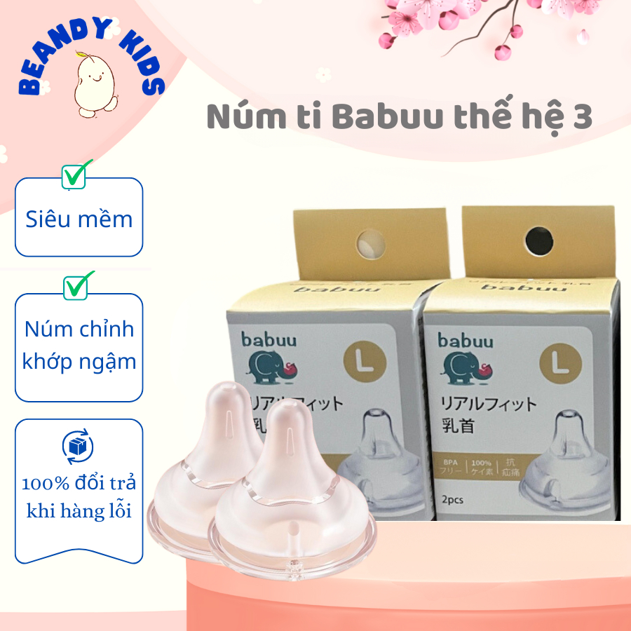 Hộp 2 núm ti cổ rộng Babuu Silicon siêu mềm thế hệ thứ 3 có chỉnh khớp