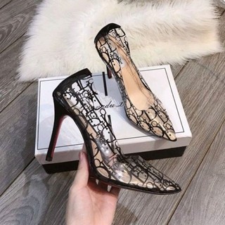 Giày cao gót Di.or xuất xịn trong suốt in chữ đen 9cm size 35 36 37