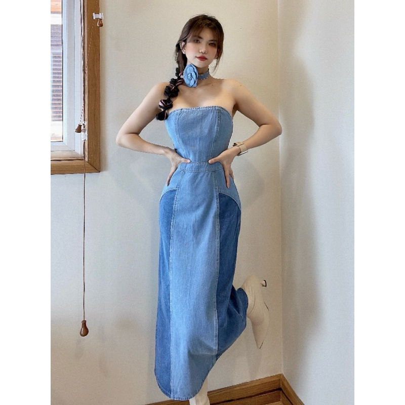 Đầm ống denim jean dài qua gối (sẵn)