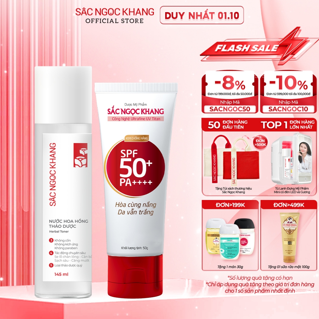 Combo Kem chống nắng Sắc Ngọc Khang 50g + Nước hoa hồng Sắc Ngọc Khang 145ml