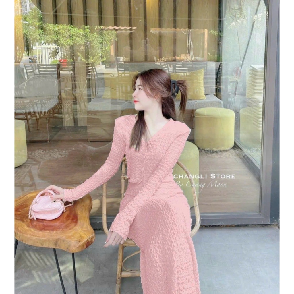 Sét bộ áo tay dài cài nút thật chân váy dáng dài có lót chất liệu ren cao cấp trẻ trung tôn da tôn dáng