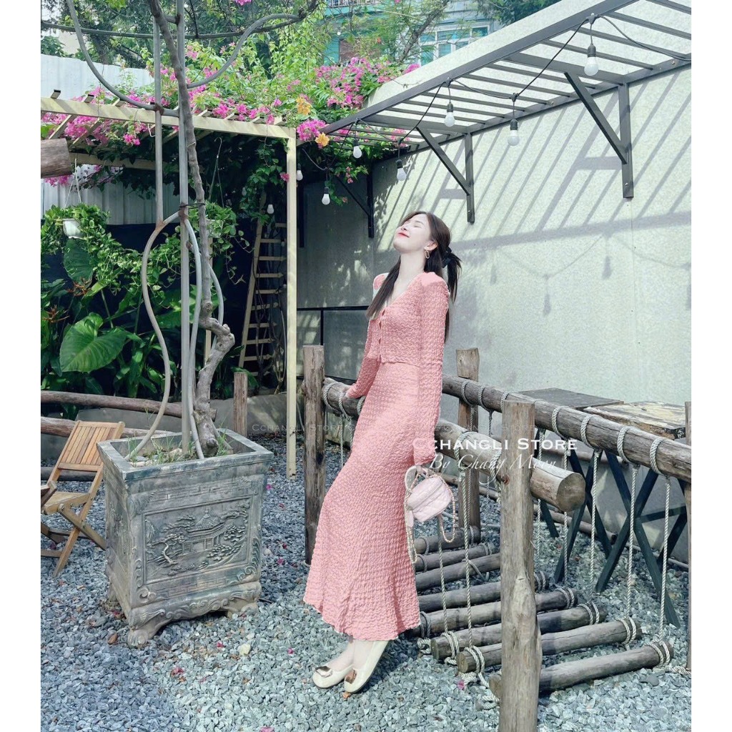 Sét bộ áo tay dài cài nút thật chân váy dáng dài có lót chất liệu ren cao cấp trẻ trung tôn da tôn dáng