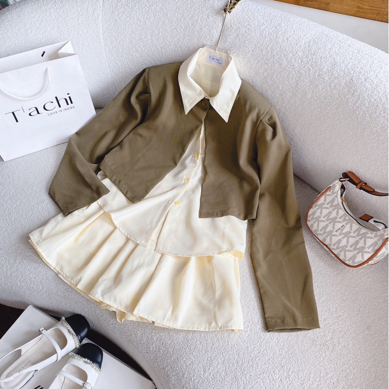 SET ÁO KHOÁC RÊU ĐẮP THÂN 1 NÚT + CROPTOP SƠ MI SÁT NÁCH + CHÂN VÁY XOÈ XẾP LY KEM