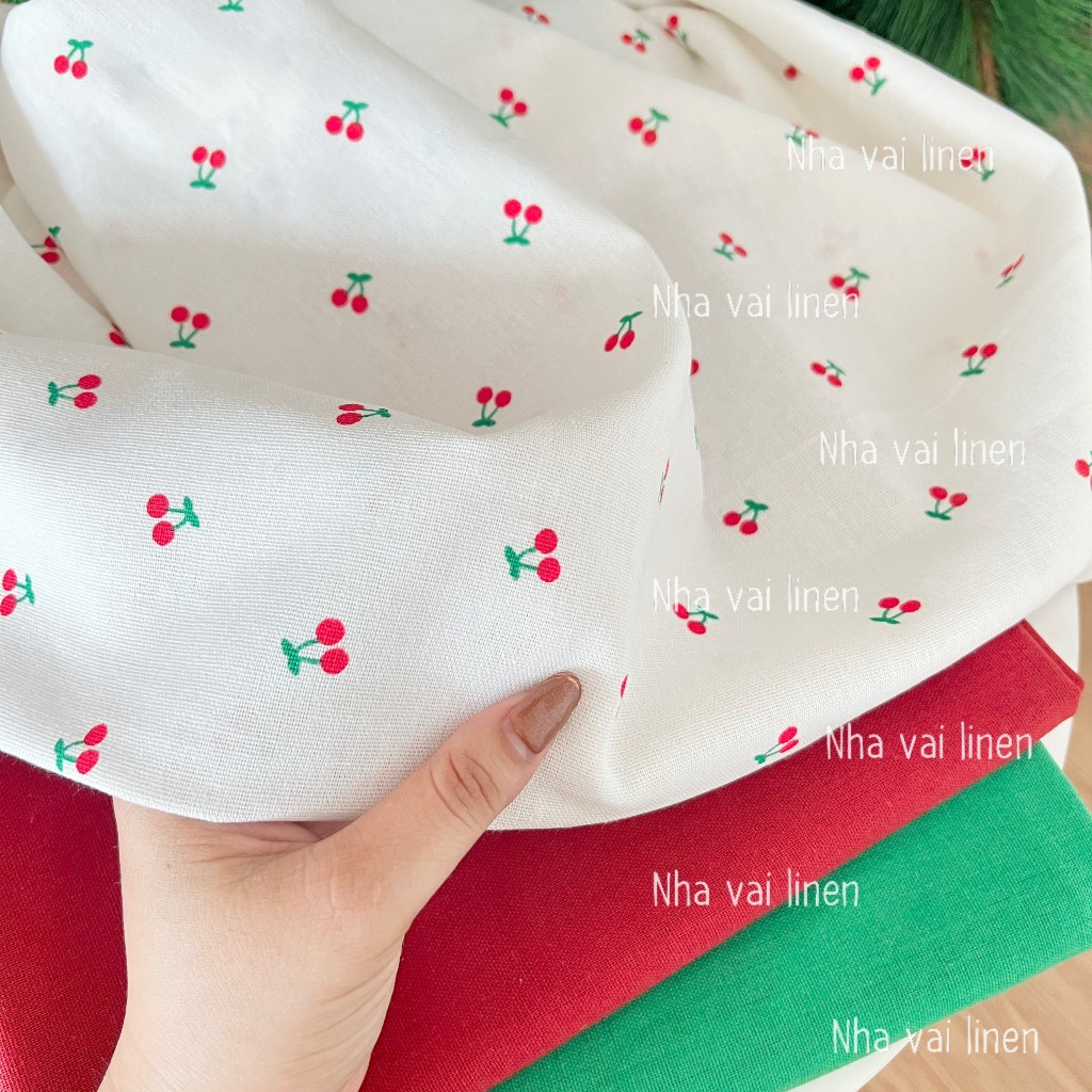 Vải Linen Bột Hoạ Tiết Cherry Đỏ Mềm Mại Độ Dày Vừa Đủ Chất Liệu An Toàn Cho Da - Nhà Vải Linen