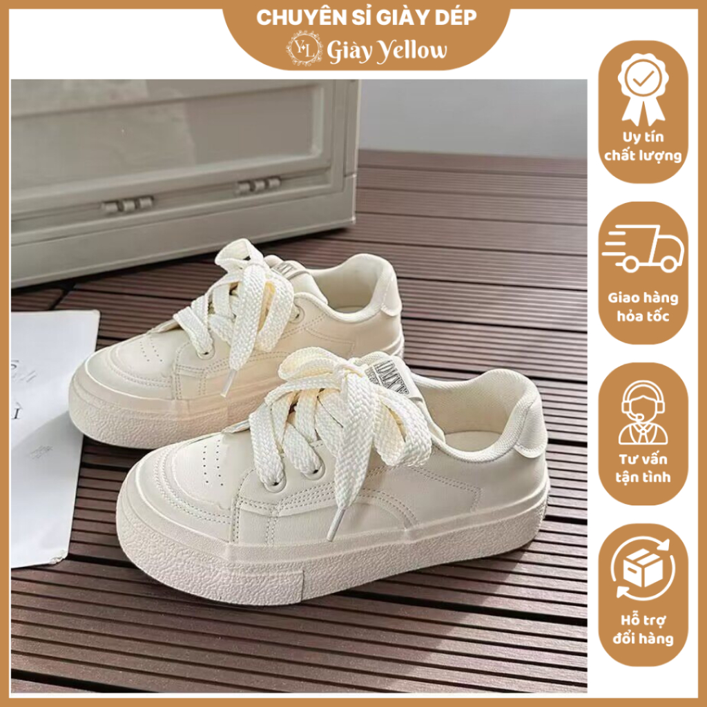 Giày thể thao nữ đi học ADY tăng chiều cao chất da đế bằng sần 4cm màu trắng kem
