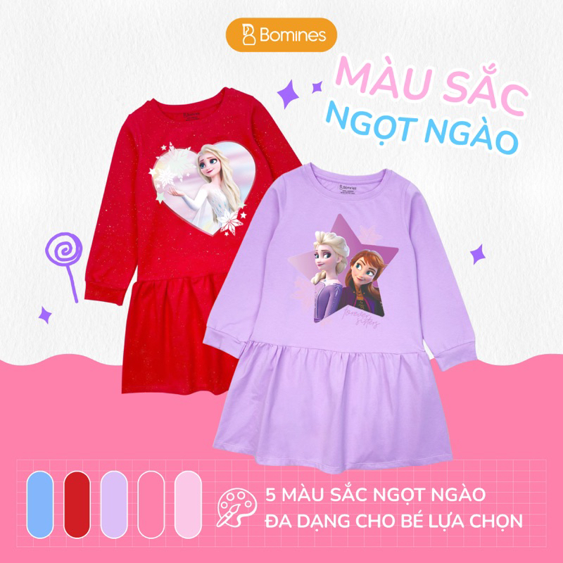 Váy bé gái tay dài mùa thu, Đầm công chúa Elsa Bomines thun cotton cho bé từ 3- 10 tuổi khoảng 12-36kg DTDELSANHIEUHINH