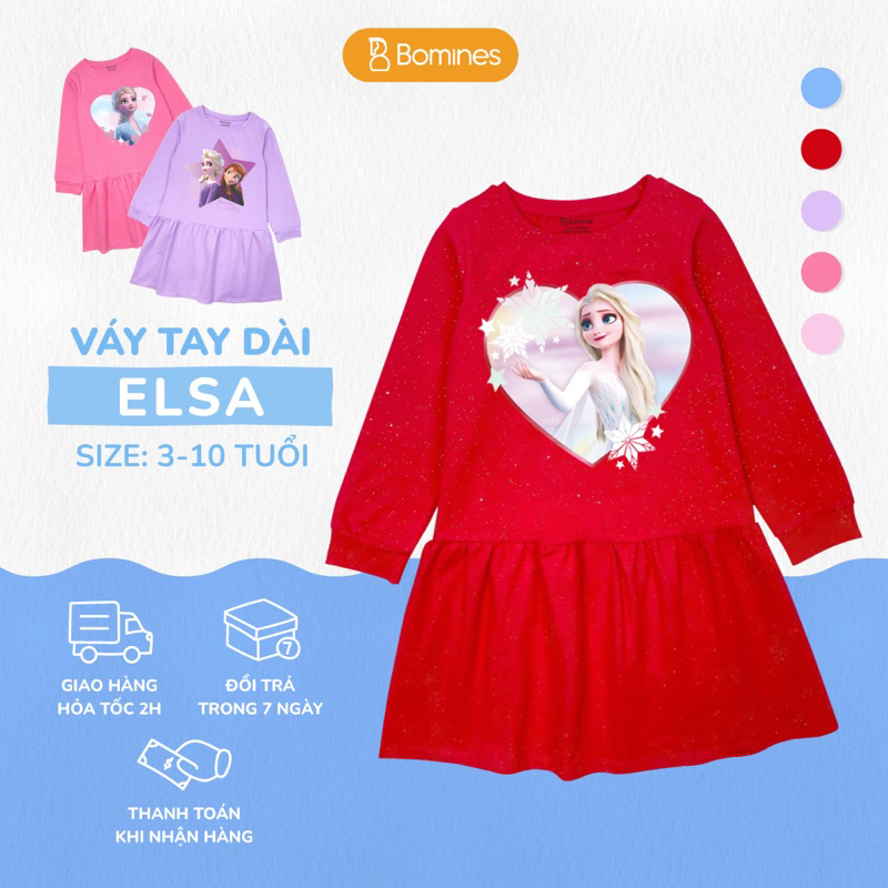 Váy bé gái tay dài mùa thu, Đầm công chúa Elsa Bomines thun cotton cho bé từ 3- 10 tuổi khoảng 12-36kg DTDELSANHIEUHINH
