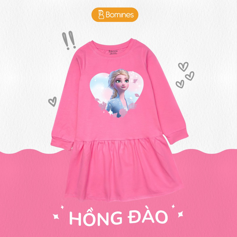 Váy bé gái tay dài mùa thu, Đầm công chúa Elsa Bomines thun cotton cho bé từ 3- 10 tuổi khoảng 12-36kg DTDELSANHIEUHINH
