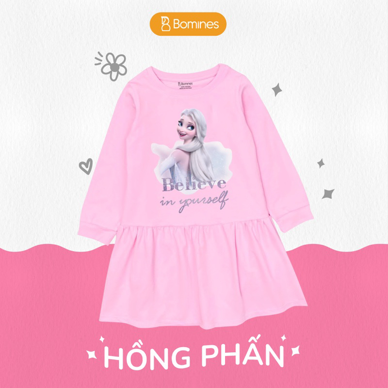 Váy bé gái tay dài mùa thu, Đầm công chúa Elsa Bomines thun cotton cho bé từ 3- 10 tuổi khoảng 12-36kg DTDELSANHIEUHINH