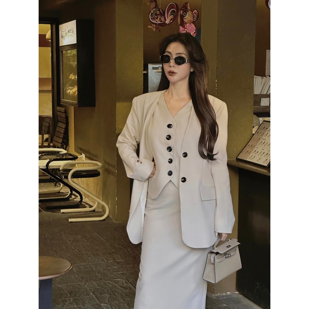 Set vest váy ghile 3 chi tiết 𝐀𝐒𝐇𝐘𝐋𝐄𝐘 áo khoác vest, áo ghile, chân váy