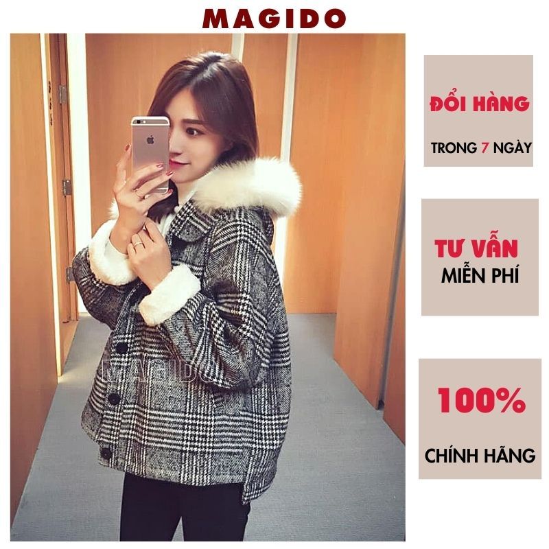 Áo khoác ngoài có mũ trùm đầu viền lông chất dạ kẻ caro tay dài mặc mùa đông siêu ấm áp - MAGIDO AK40