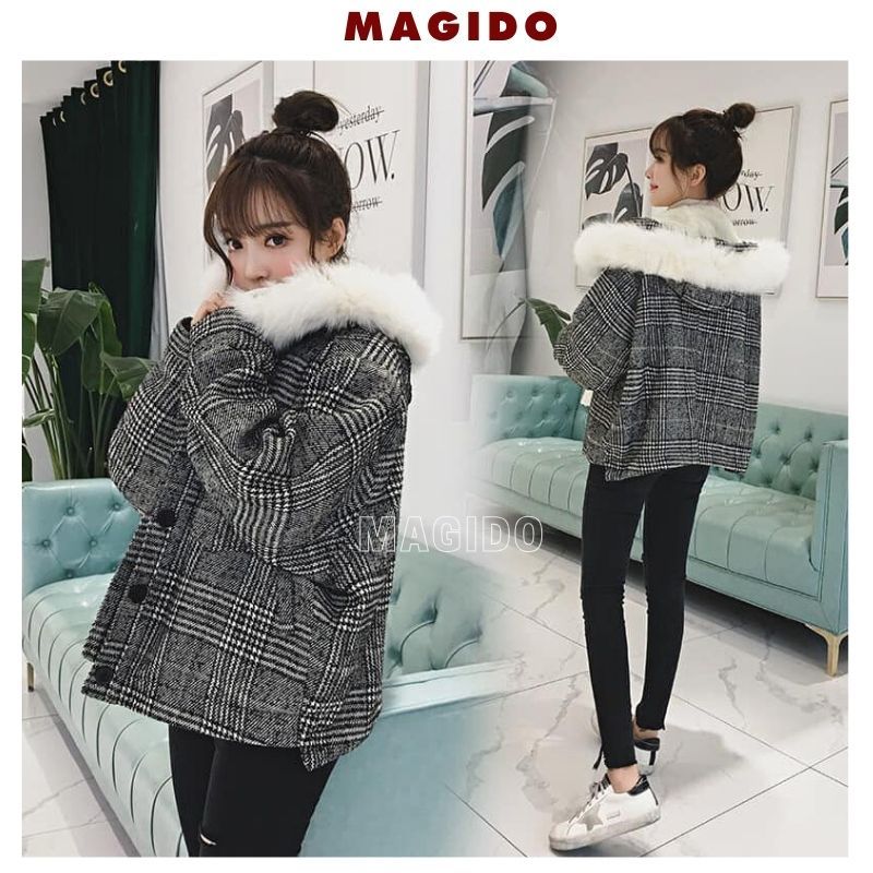 Áo khoác ngoài có mũ trùm đầu viền lông chất dạ kẻ caro tay dài mặc mùa đông siêu ấm áp - MAGIDO AK40