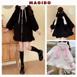 Váy lông dáng xòe ngắn tay dài có mũ đính tai thỏ xinh xắn đáng yêu dễ thương cute bánh bèo - MAGIDO VL01
