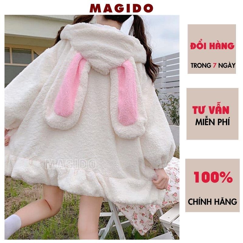 Váy lông dáng xòe ngắn tay dài có mũ đính tai thỏ xinh xắn đáng yêu dễ thương cute bánh bèo - MAGIDO VL01