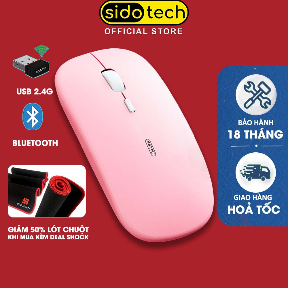 Chuột không dây cute màu hồng sạc điện SIDOTECH Inphic M1P dòng silent pin sạc 1 lần dùng 4 tuần cho máy tính laptop pc