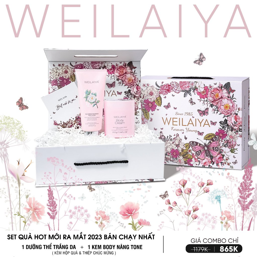 Hộp quà tặng Sữa tắm trắng da Niacinamide Weilaiya, kem body, Lotion dưỡng thể trắng da body hoa trà
