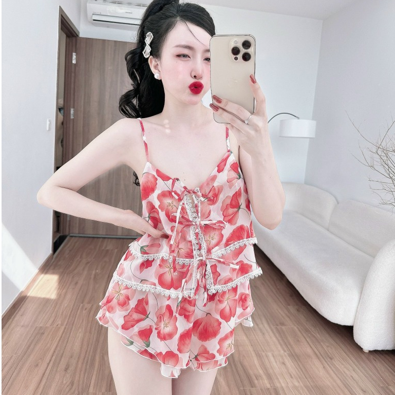 Đồ ngủ sexy SOJUN Bộ Chiffon Phối Ren 2 Tầng Dưới 65Kg