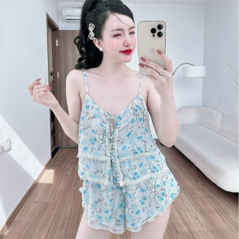 Đồ ngủ sexy SOJUN Bộ Chiffon Phối Ren 2 Tầng Dưới 65Kg