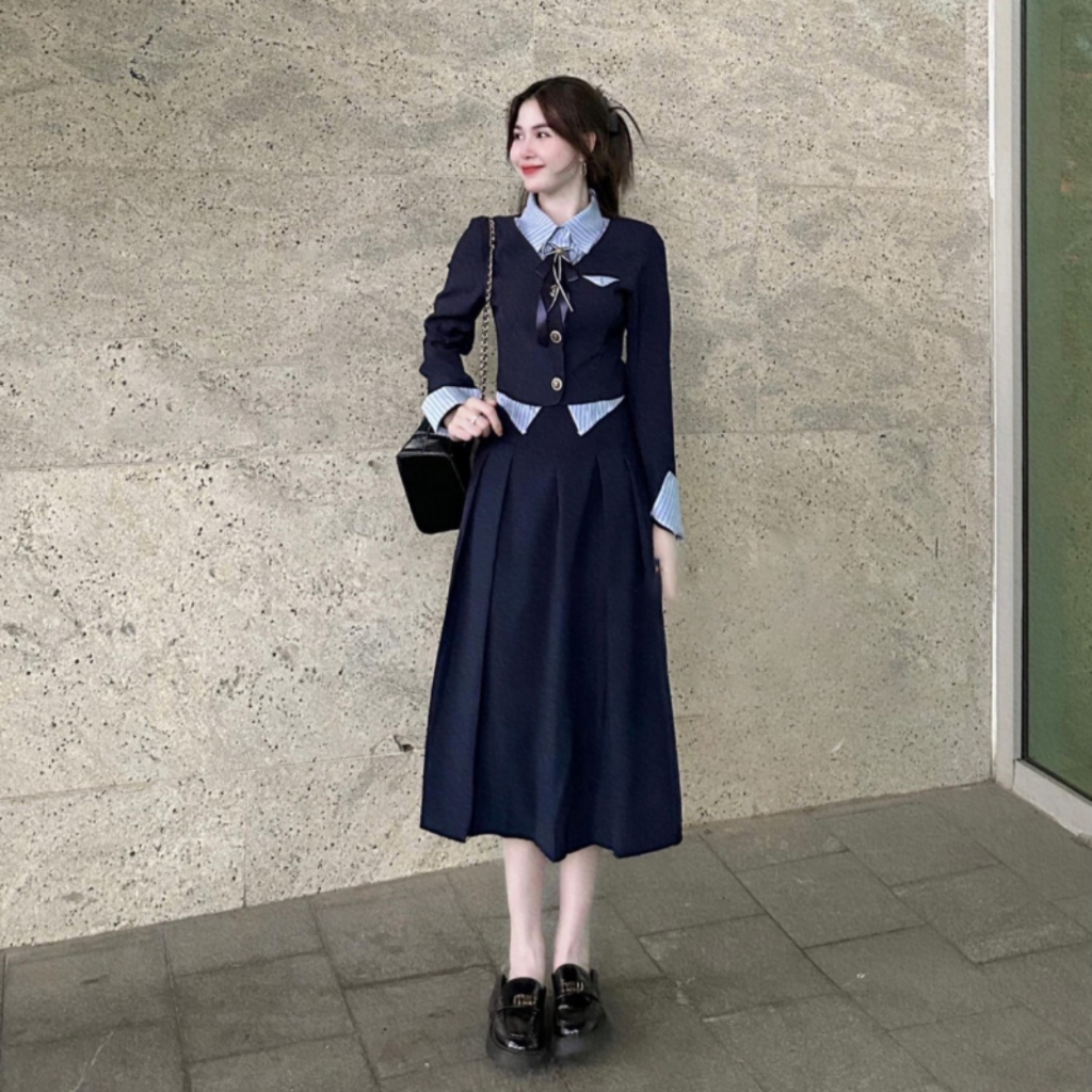 Set Áo Vest Pha Sơ Mi Kẻ Phối Chân Váy Dáng Dài Phong Cách Tiểu Thư SB6045 - Lolla Fashion