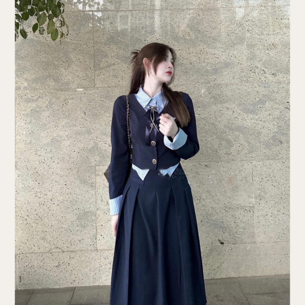 Set Áo Vest Pha Sơ Mi Kẻ Phối Chân Váy Dáng Dài Phong Cách Tiểu Thư SB6045 - Lolla Fashion