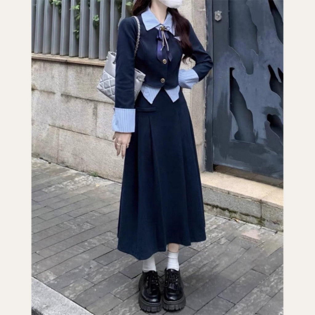 Set Áo Vest Pha Sơ Mi Kẻ Phối Chân Váy Dáng Dài Phong Cách Tiểu Thư SB6045 - Lolla Fashion