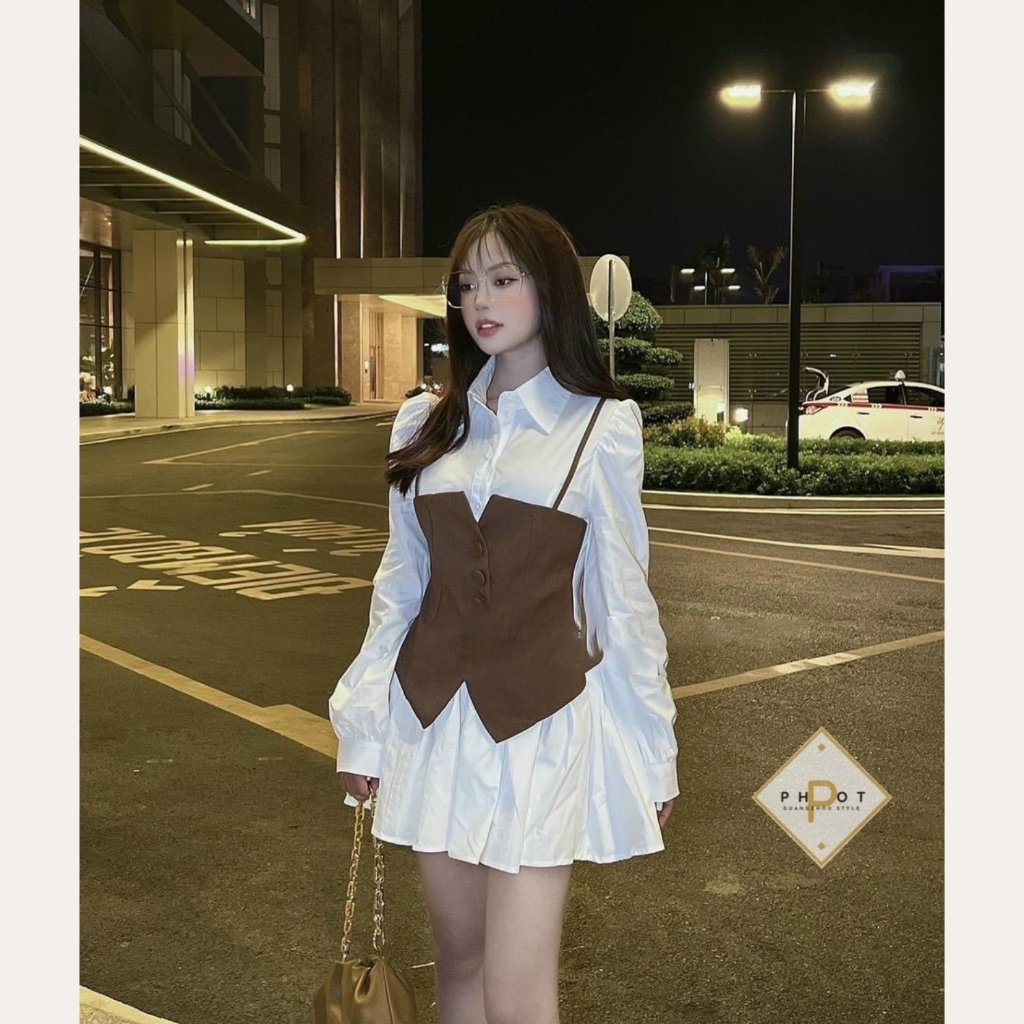Set Váy Sơ Mi Dài Tay Phối Áo Yếm Gile Sang Chảnh Hàng Quảng Châu V5037 - Lolla Fashion