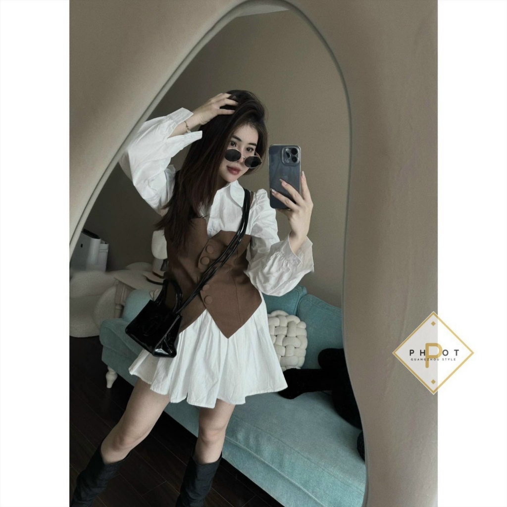 Set Váy Sơ Mi Dài Tay Phối Áo Yếm Gile Sang Chảnh Hàng Quảng Châu V5037 - Lolla Fashion