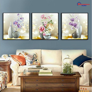 Tranh đính đá - tranh thêu chữ thập bình hoa bộ 3 bức