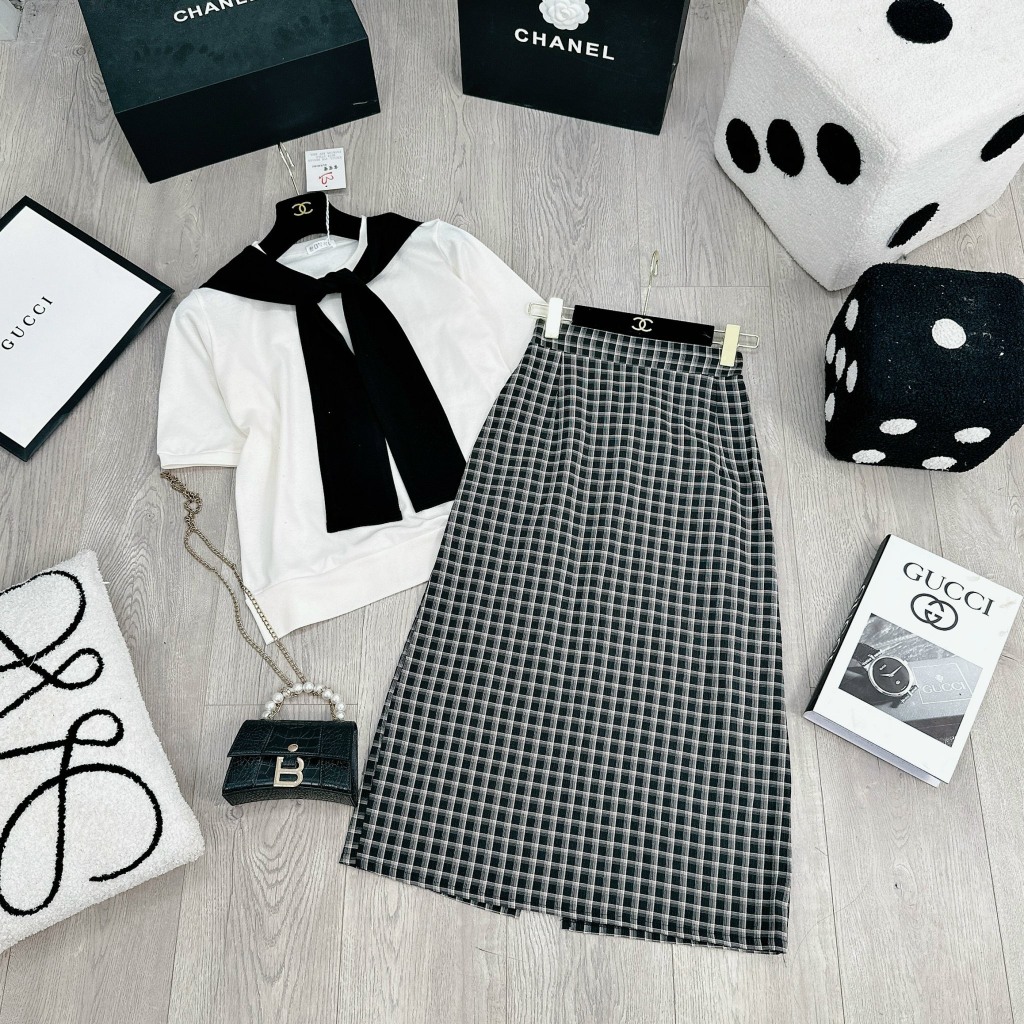 Set áo bo len QC phối khăn quàng thuỷ thủ mix chân váy caro midi dáng dài kèm ảnh thật các nàng diện đi chơi, hẹn hò