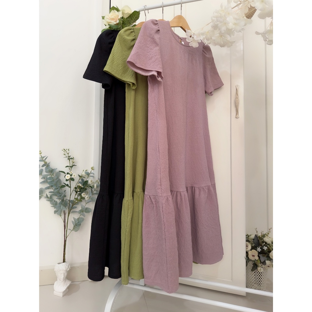 Đầm cổ tròn, tay dún, phối bèo lai, dáng suông Midi _ G3.001