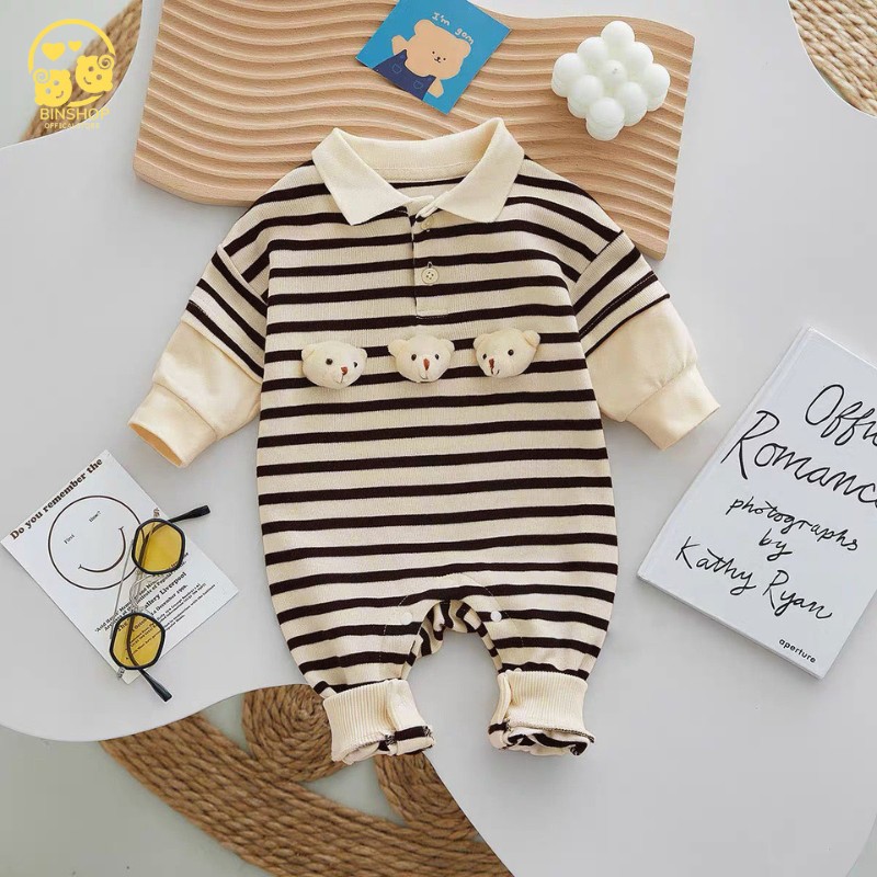 Bodysuit cho bé dài tay Đính Gấu dễ thương,Bộ Áo liền quần cho bé gái, bé trai chất Len Tăm, Mẫu quần áo sơ sinh 0-12M