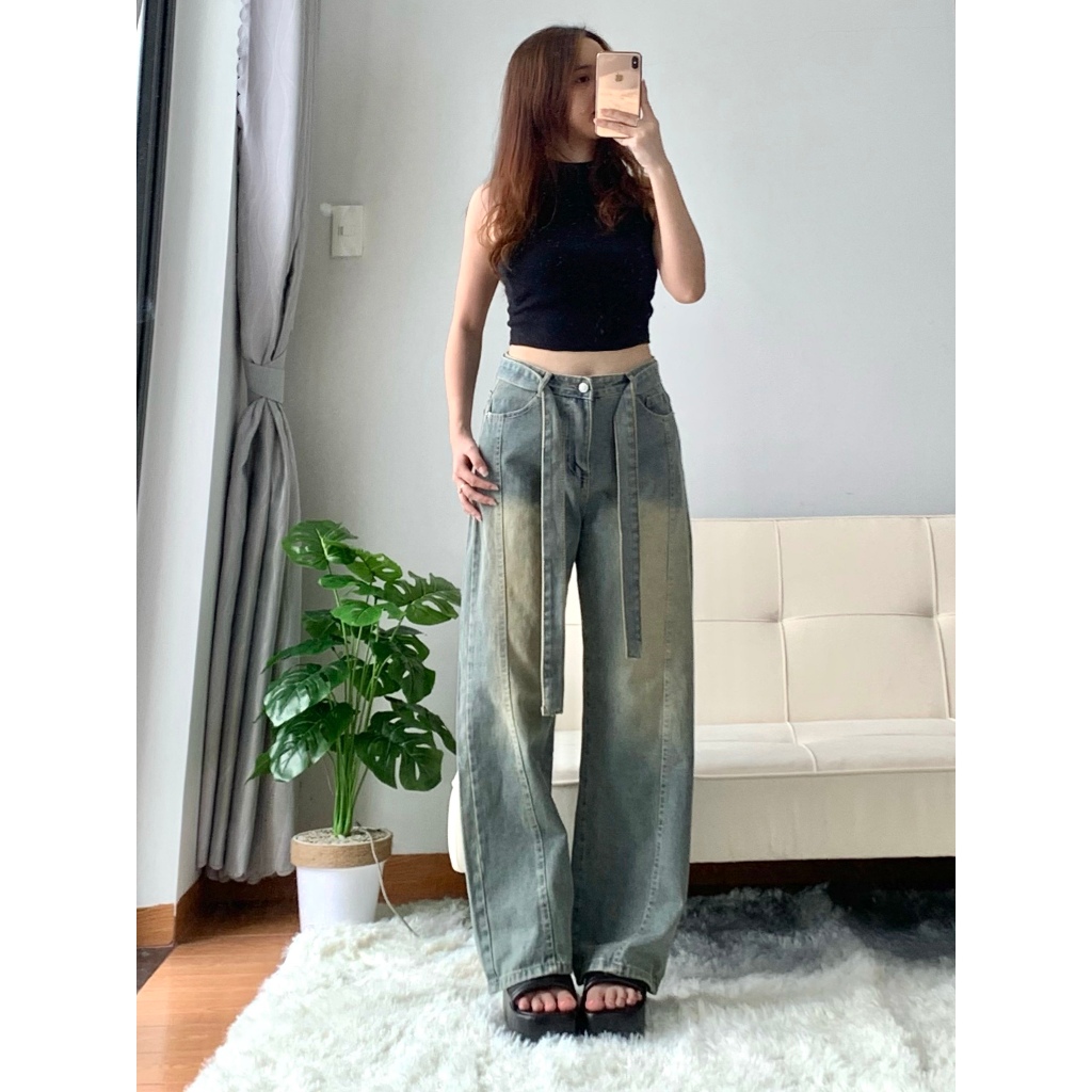 Quần Jean Nữ Ống Suông Xanh Dơ Wash Kèm Dây Lưng Nicool N41-Q38