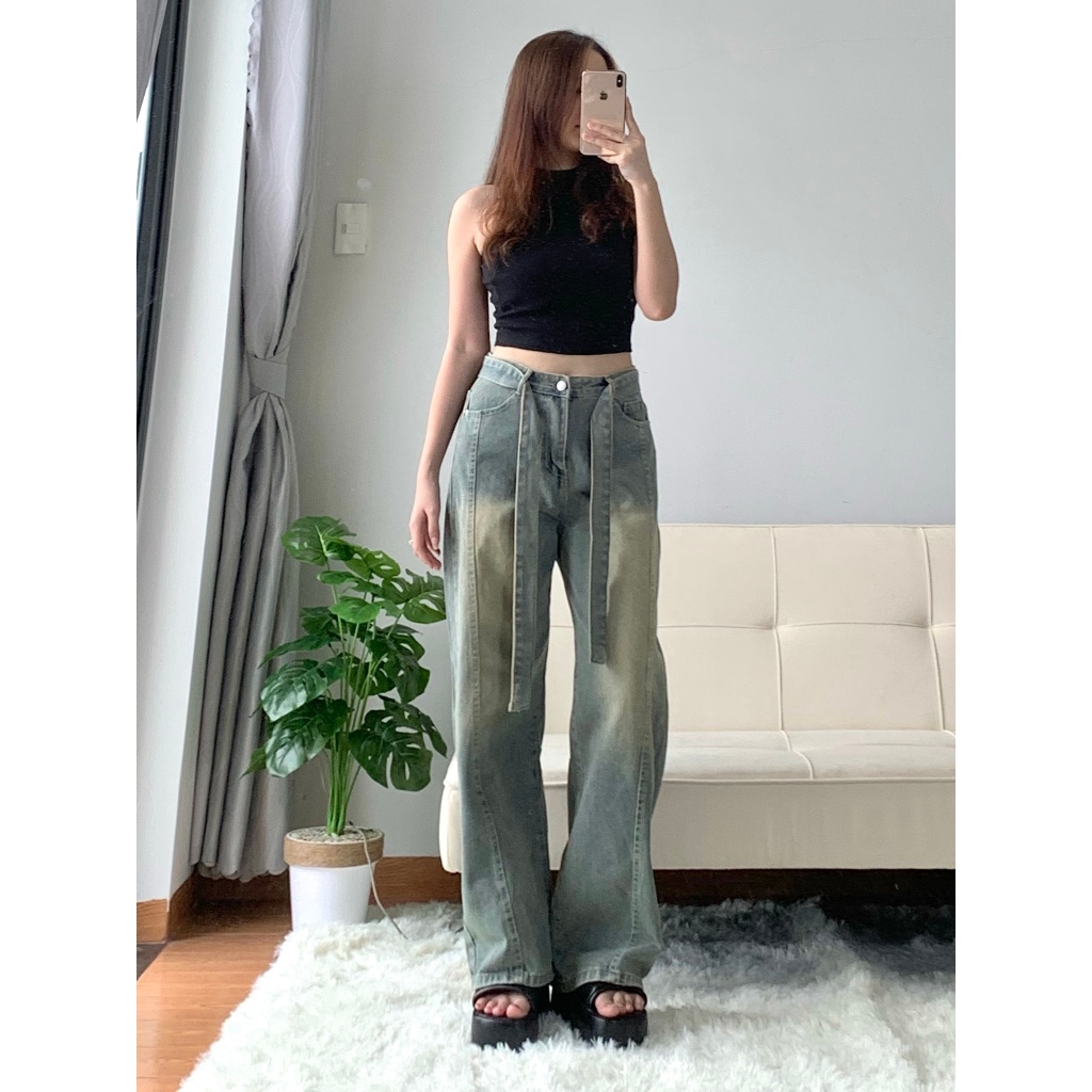 Quần Jean Nữ Ống Suông Xanh Dơ Wash Kèm Dây Lưng Nicool N41-Q38