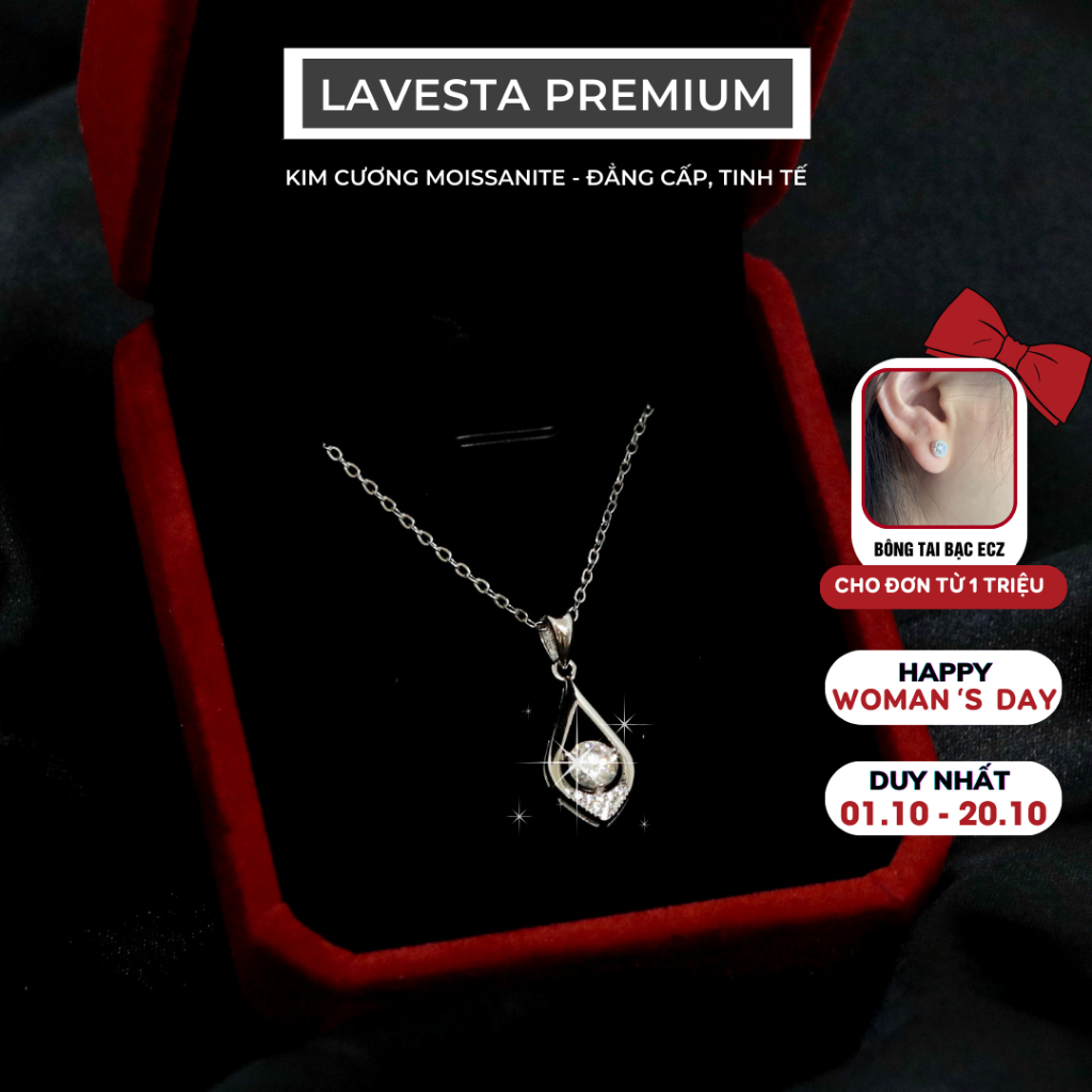 Dây chuyền nữ kim cương Moissanite 5 ly LAVESTA KC70 kiểm định GRA, bạc xi bạch kim mặt giọt nước lấp lánh, quyến rũ