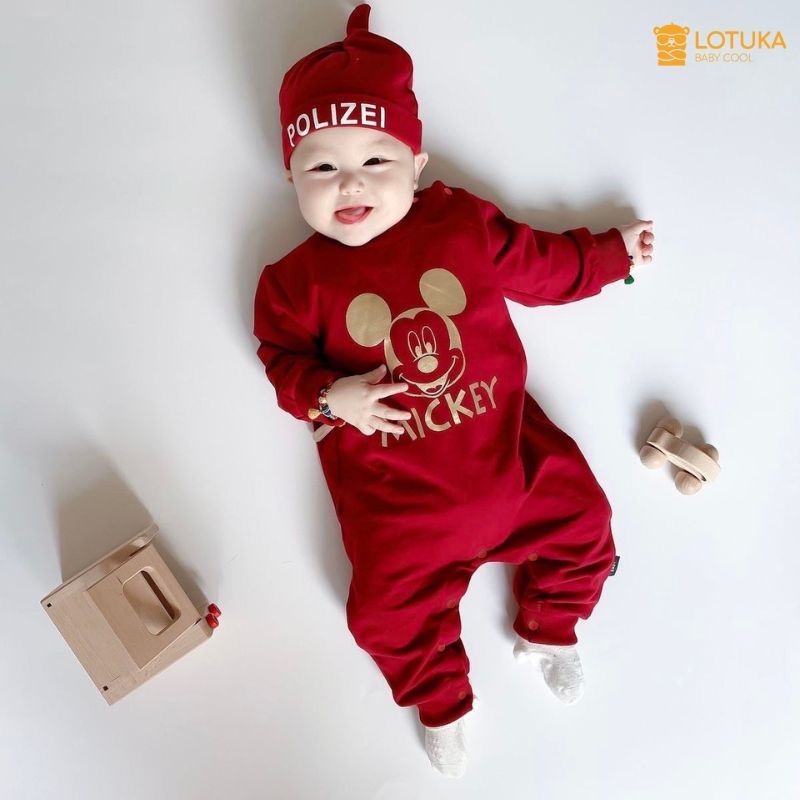 Bodysuit LOTUKA In Mickey Tặng Kèm Mũ Cao Cấp Chất Liệu Cotton, Bộ Liền Thân Sơ Sinh Dài Tay, Quần Áo Trẻ Em size 0-12m