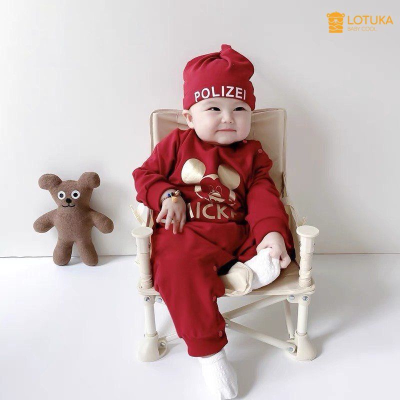 Bodysuit LOTUKA In Mickey Tặng Kèm Mũ Cao Cấp Chất Liệu Cotton, Bộ Liền Thân Sơ Sinh Dài Tay, Quần Áo Trẻ Em size 0-12m