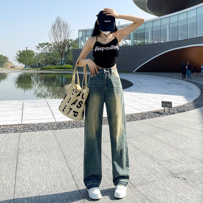 Quần jeans quần kaki ống suông nâu sữa cạp cao siêu hack chân siêu tôn dáng