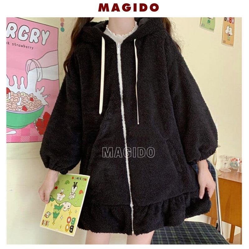 Váy lông dáng xòe ngắn tay dài có mũ đính tai thỏ xinh xắn đáng yêu dễ thương cute bánh bèo - MAGIDO VL01