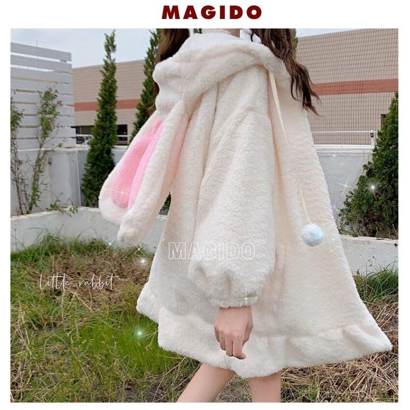Váy lông dáng xòe ngắn tay dài có mũ đính tai thỏ xinh xắn đáng yêu dễ thương cute bánh bèo - MAGIDO VL01