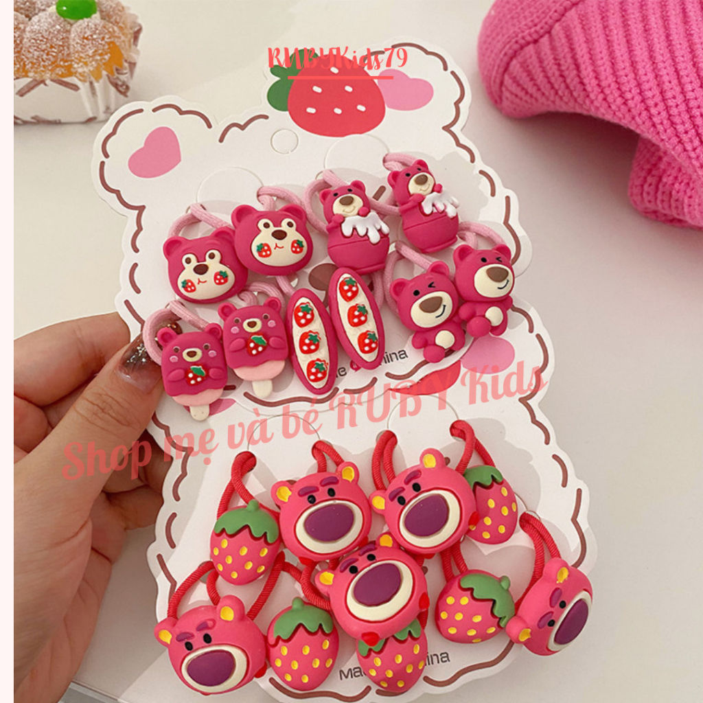Dây buộc tóc gấu dâu set 10 dây màu hồng cho bé gái - rubykids79
