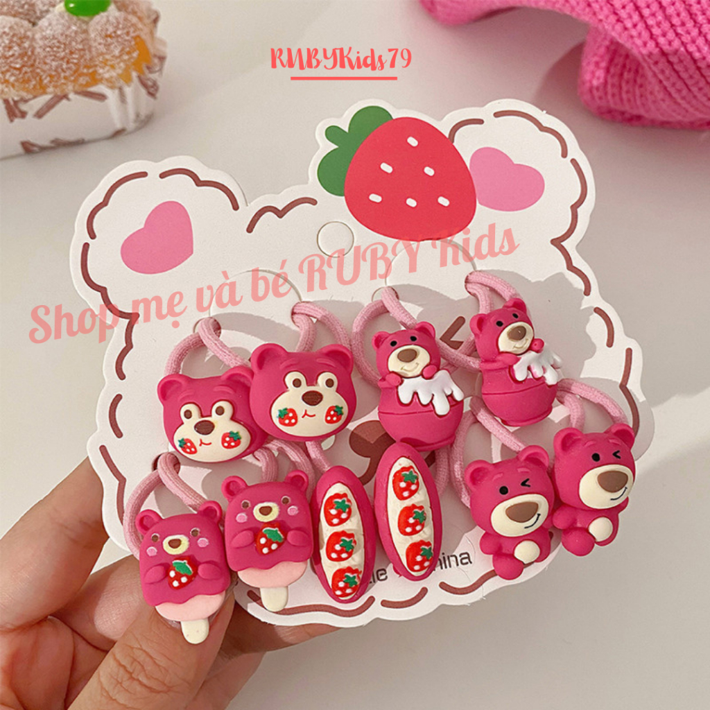 Dây buộc tóc gấu dâu set 10 dây màu hồng cho bé gái - rubykids79