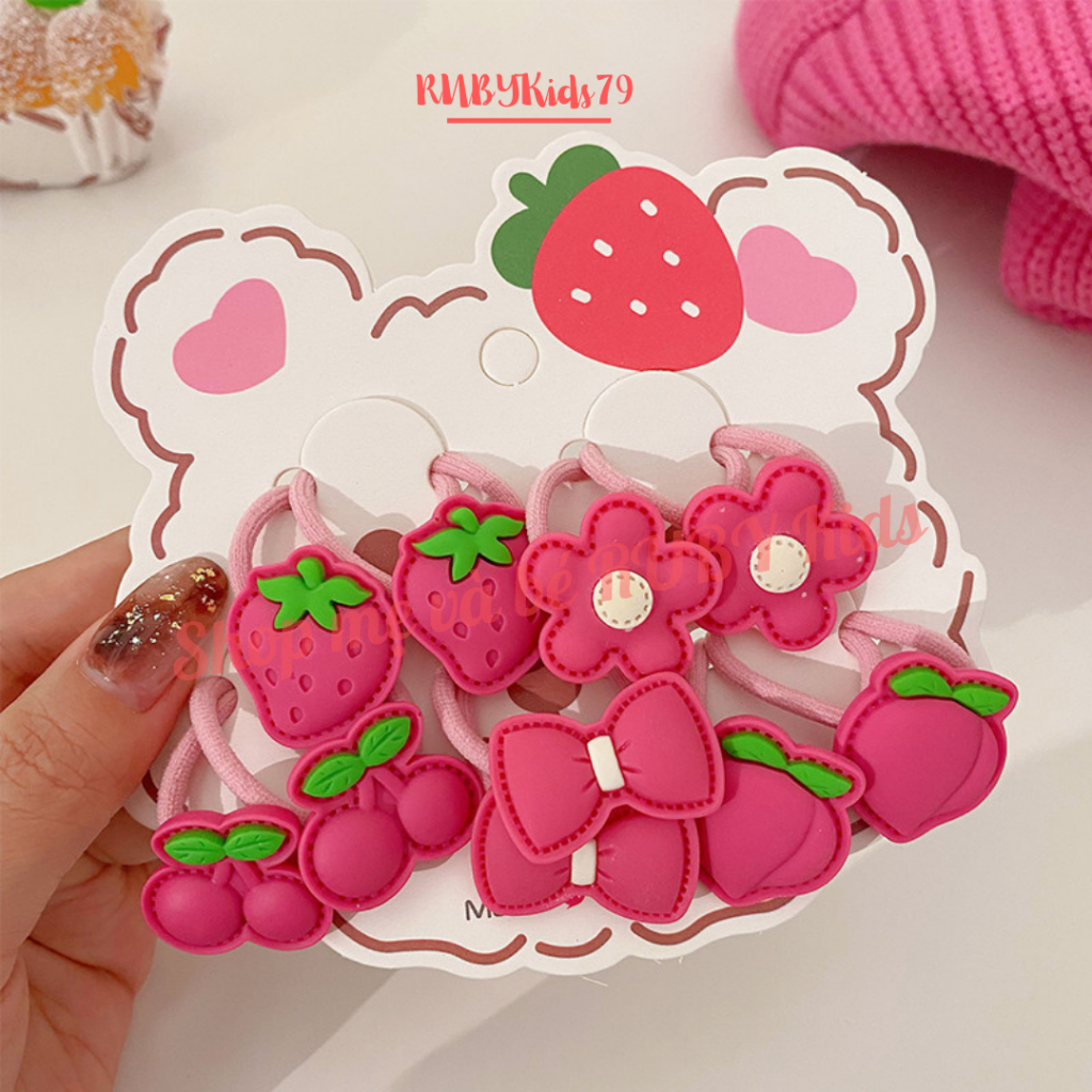 Dây buộc tóc gấu dâu set 10 dây màu hồng cho bé gái - rubykids79