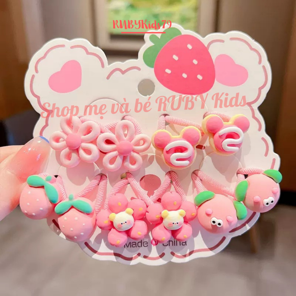 Dây buộc tóc gấu dâu set 10 dây màu hồng cho bé gái - rubykids79