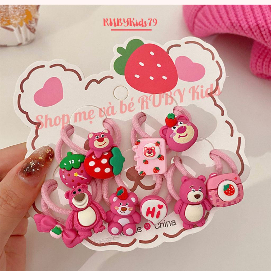 Dây buộc tóc gấu dâu set 10 dây màu hồng cho bé gái - rubykids79